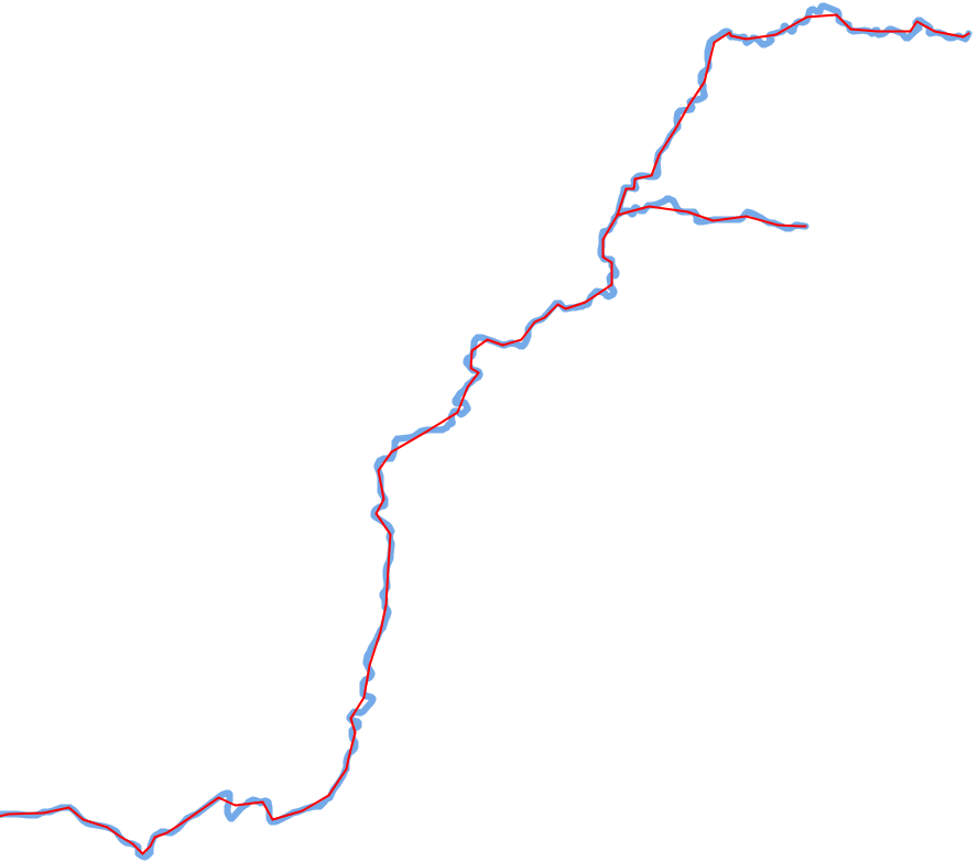 A river line simplified by the Raposo algorithm from 1:50k to 1:150k