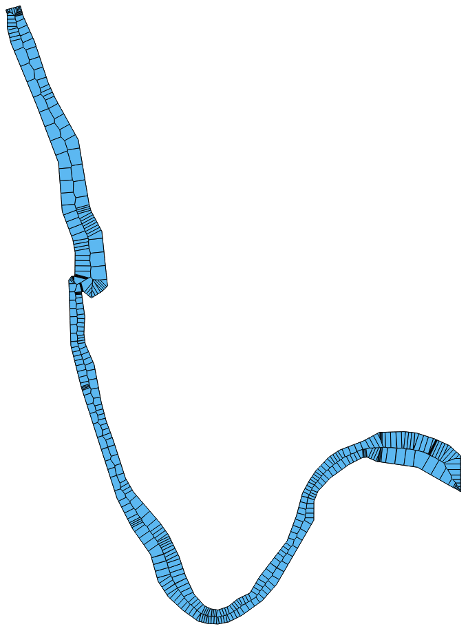 A river area that is densified in vertices, and decomposed into a Voronoï diagram