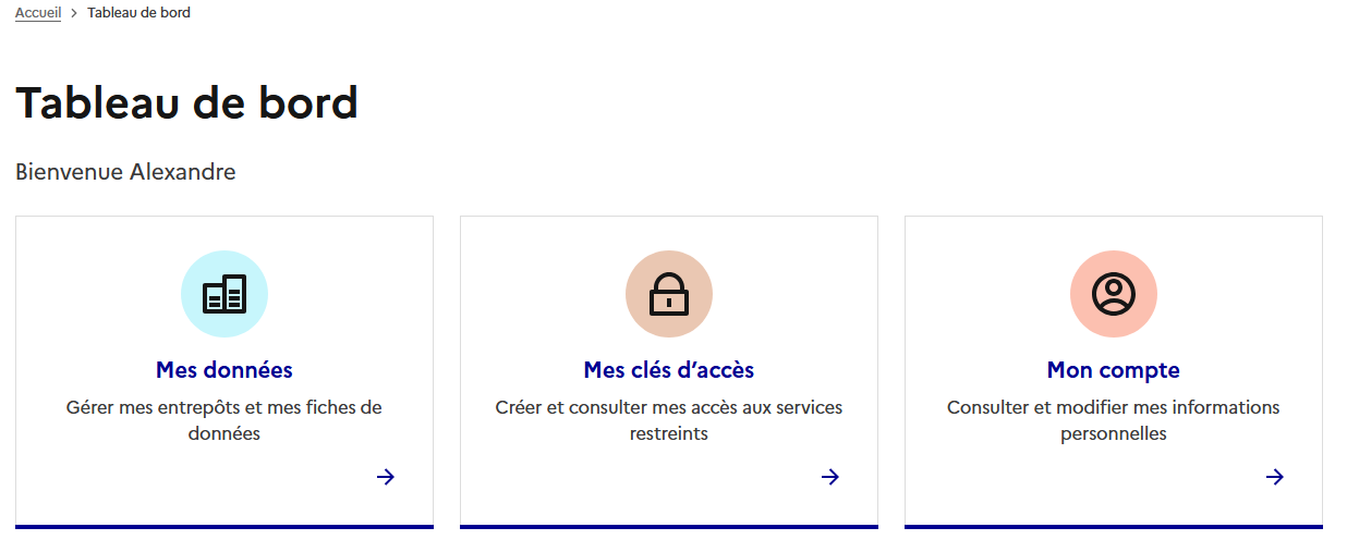 Tableau de bord utilisateur avec les accès à différents services