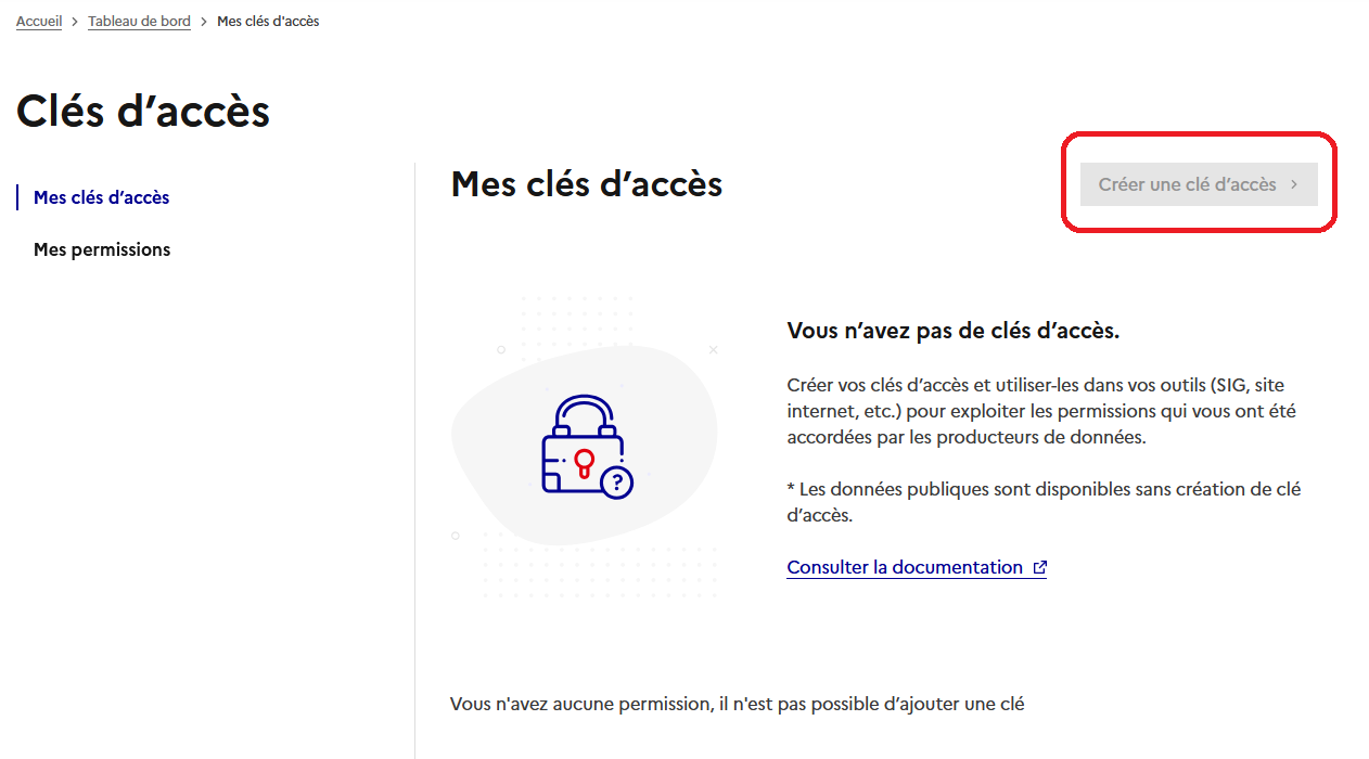 Situation du bouton pour créer une nouvelle clé d’accès sur la page de liste des clés. Ici le bouton est désactivé et l’utilisateur n’a pas de clés d’accès