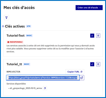Localisation de l’URL à copier dans l’interface Mes clés d’accès de cartes.gouv.fr.