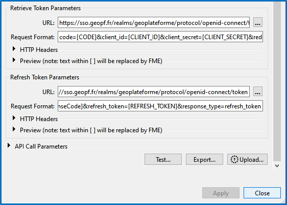 Formulaire Retrieve Token Parameters
