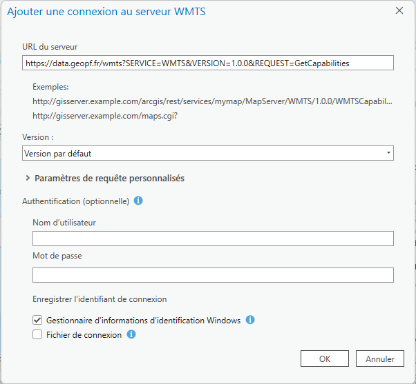 Ajouter une connexion - WMTS