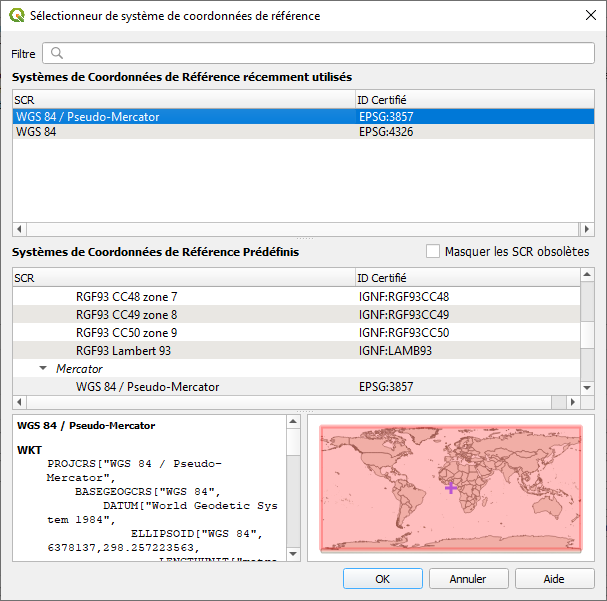 Sélectionneur de SCR - QGIS