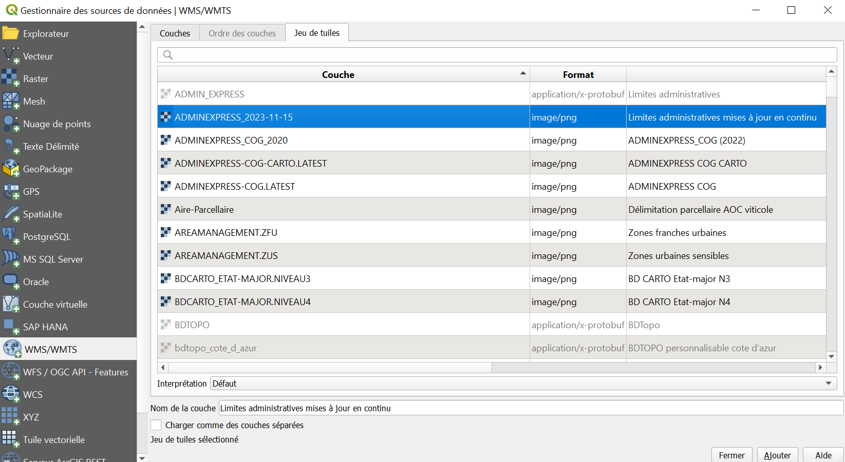 Ajout ADMINEXPRESS dans QGIS - WMS/WMTS