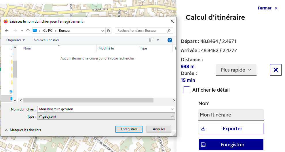 Image décrivant comment exporter son itinéraire en local