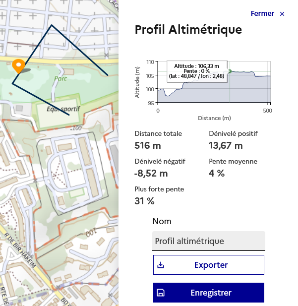 Image décrivant le résultat du calcul du profil altimétrique
