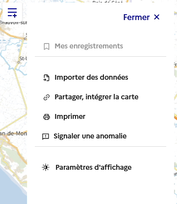 Image décrivant ce que propose le menu cartes : Mes enregistrements, importer des données, Partager la carte, Imprimer la carte, Signaler une anomalie, Paramètres d’affichage