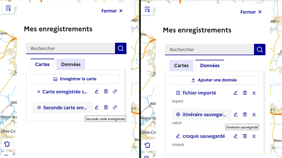 Image décrivant la liste des cartes et données sauvegardées par l’utilisateur