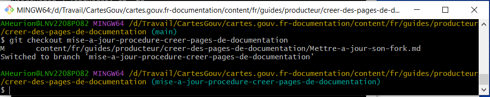 Image décrivant la création de la branche par l’invite de commande Git Bash