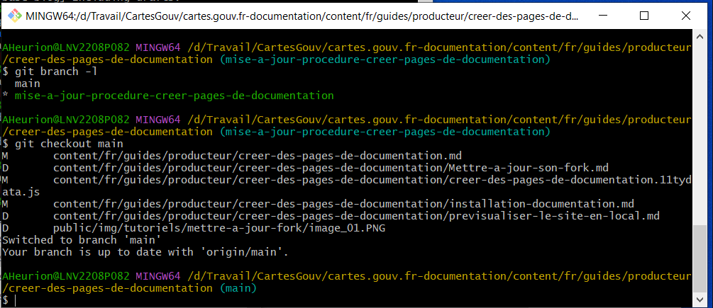 Image décrivant le listing et le changement de branches dans l’invite de commande Git Bash