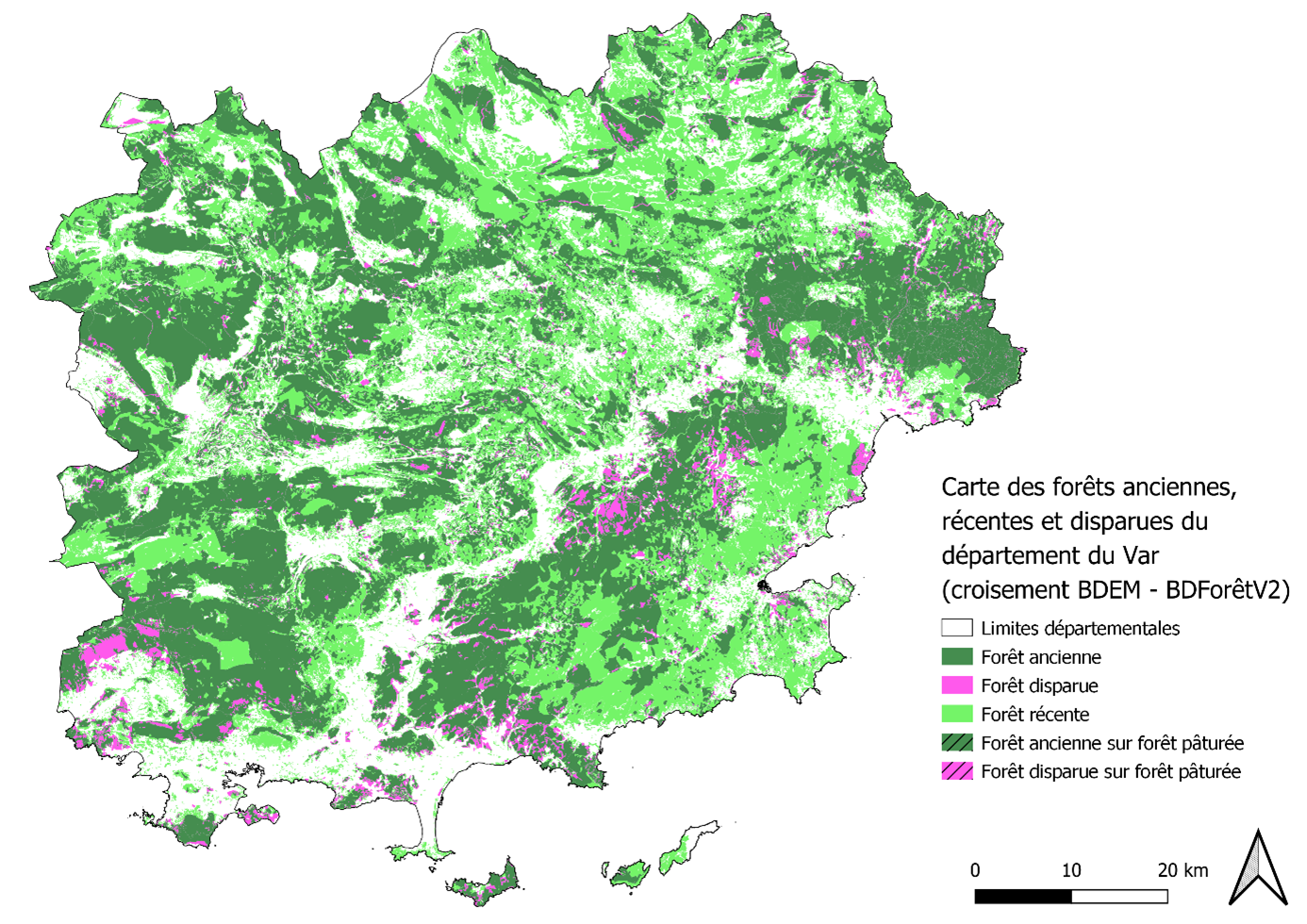 Exemple de cartographie des forêts anciennes dans le département du Var (source : IGN, BD Foret anciennes®)