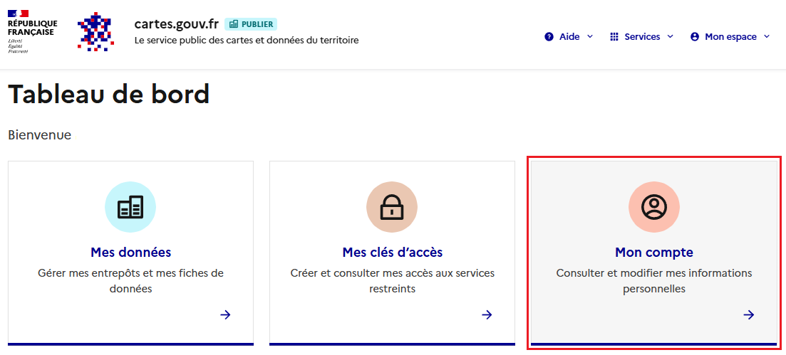 Cliquer sur Mon compte dans le Tableau de bord