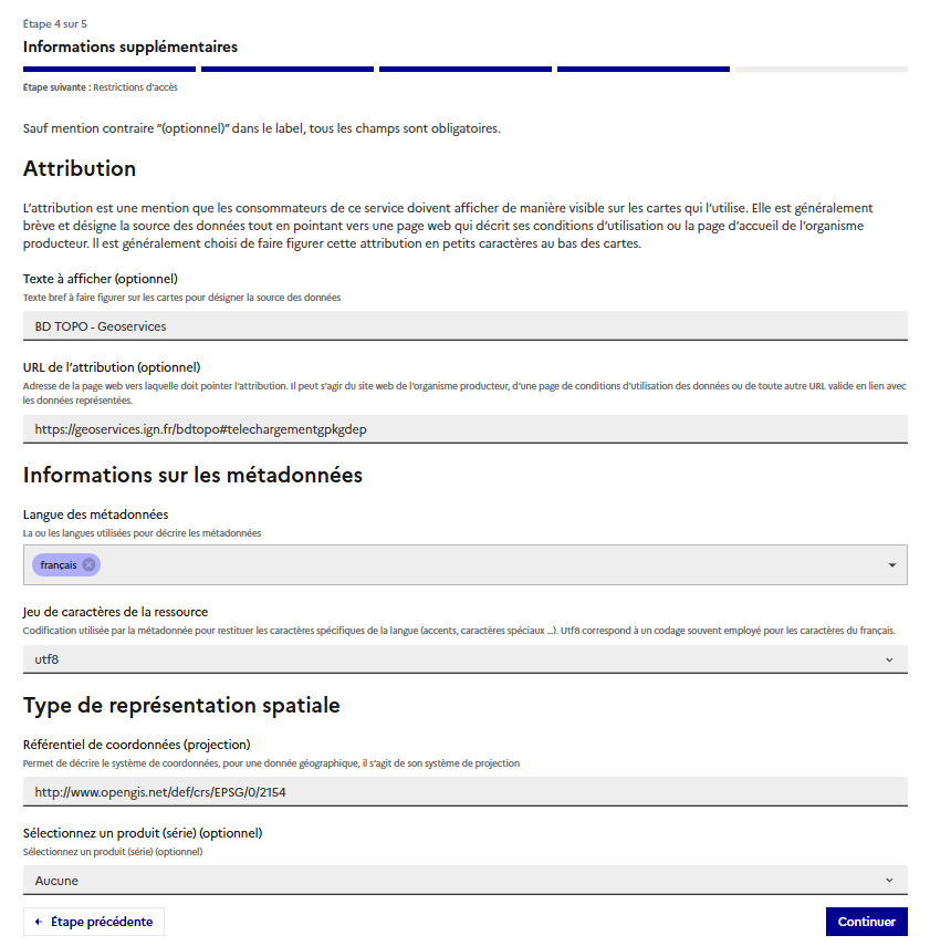 Attribution, informations sur les métadonnées et type de représentation spatiale