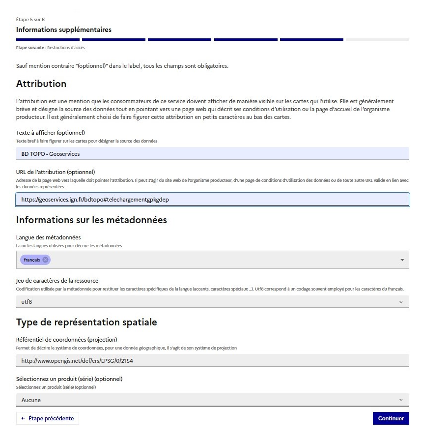 Attribution, informations sur les metadonnées et type de représentation spatiale